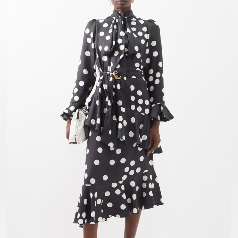NWT Zimmermann Confetti Tie Neck Midi Dress in Black and Cream Polka Dots